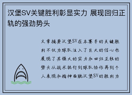 汉堡SV关键胜利彰显实力 展现回归正轨的强劲势头