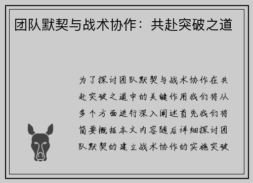 团队默契与战术协作:共赴突破之道