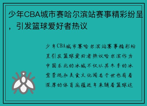 少年CBA城市赛哈尔滨站赛事精彩纷呈,引发篮球爱好者热议