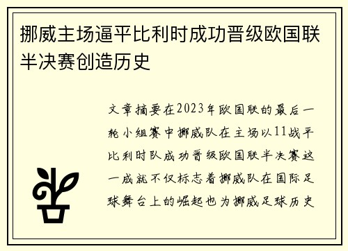 挪威主场逼平比利时成功晋级欧国联半决赛创造历史