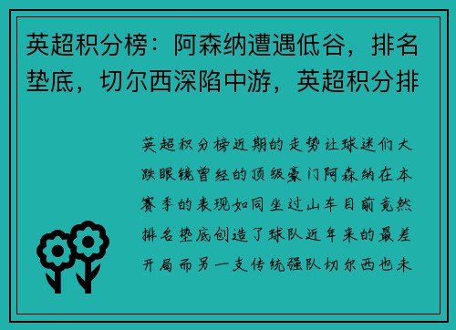 英超积分榜:阿森纳遭遇低谷,排名垫底,切尔西深陷中游,英超积分排行