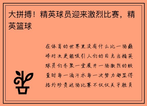 大拼搏!精英球员迎来激烈比赛,精英篮球