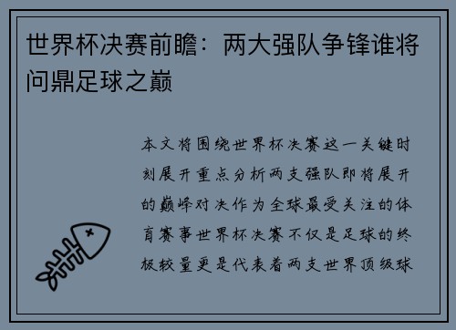 世界杯决赛前瞻：两大强队争锋谁将问鼎足球之巅