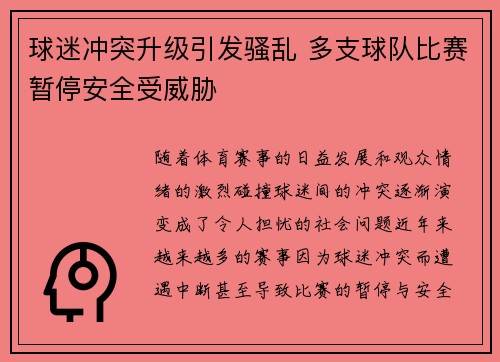 球迷冲突升级引发骚乱 多支球队比赛暂停安全受威胁