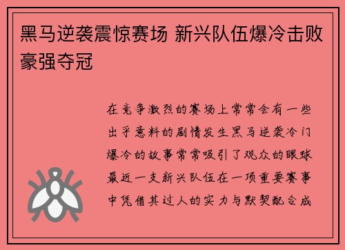 黑马逆袭震惊赛场 新兴队伍爆冷击败豪强夺冠