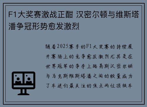 F1大奖赛激战正酣 汉密尔顿与维斯塔潘争冠形势愈发激烈
